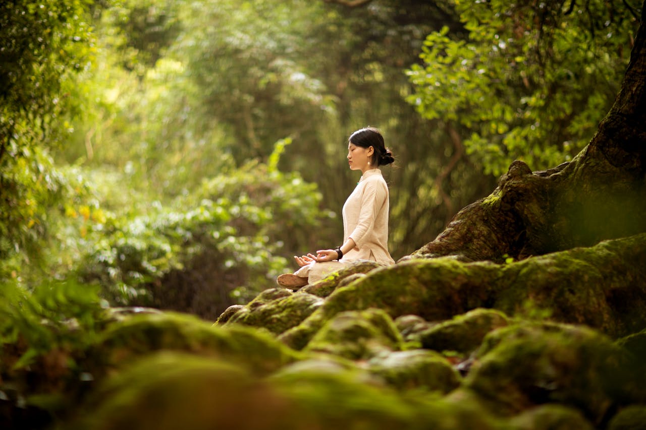 services-04 A woman in serene meditation in a lush forest, surrounded by trees and moss.